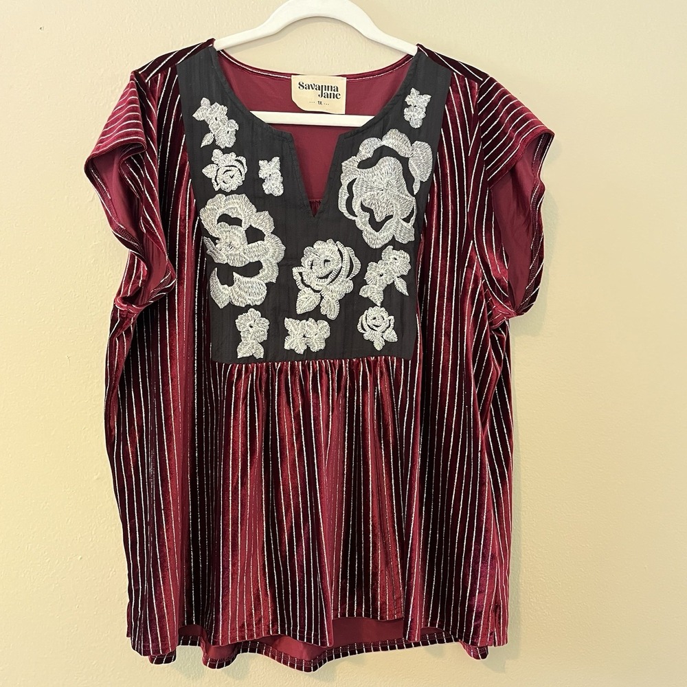 savanna jane embroidered top Velvet Whimsigoth 1X Flutter Maroon Gothic Silver